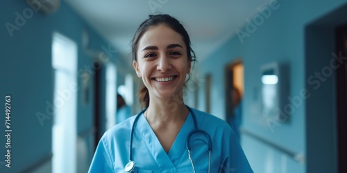 A Smiling Nurse standing in a Hallway - Medical Woman with Blue and Azure Clothes, Strong Composition Background created with Generative AI Technology photo