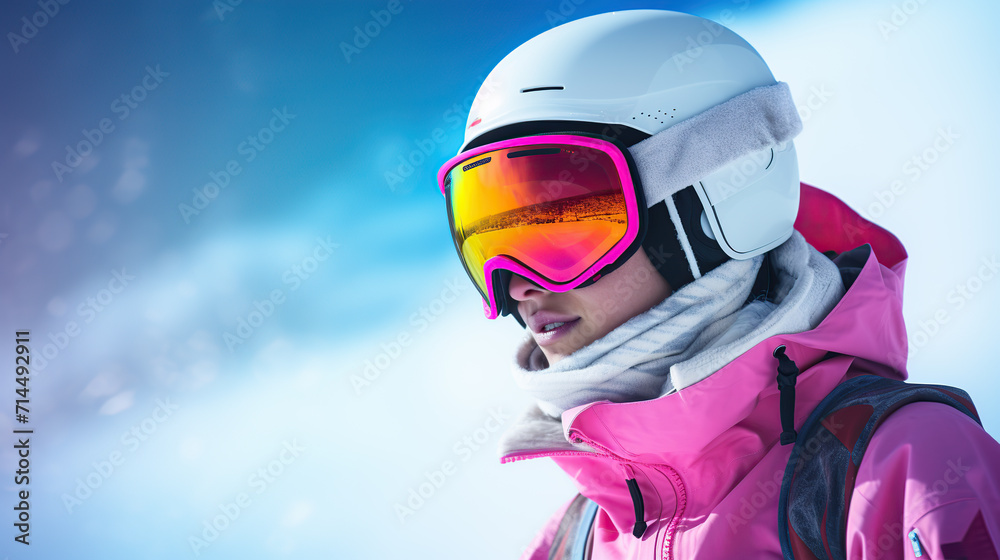 person in winter gear and vibrant ski goggles stands against the backdrop of a snowy mountain landscape