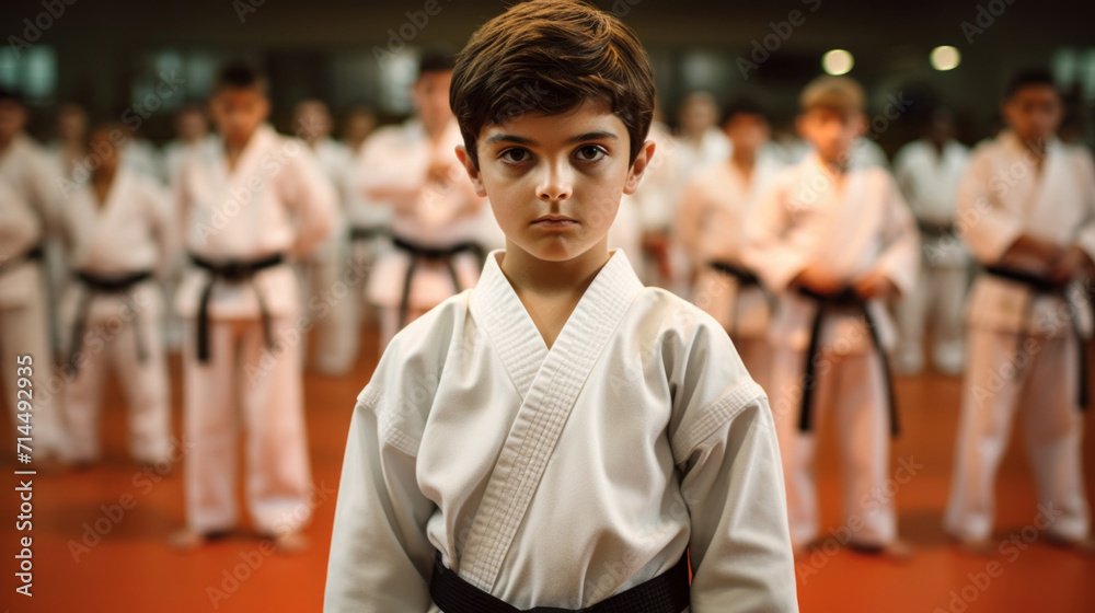 Fototapeta premium Focused young karate student wearing a white uniform and black belt stands confidently during a class.