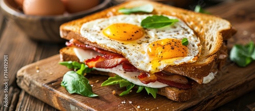 Fresh and healthy toasted sandwich with eggs and bacon, made from fresh ingredients.