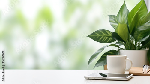 flay lay top view office table desk with smartphone and plant photo