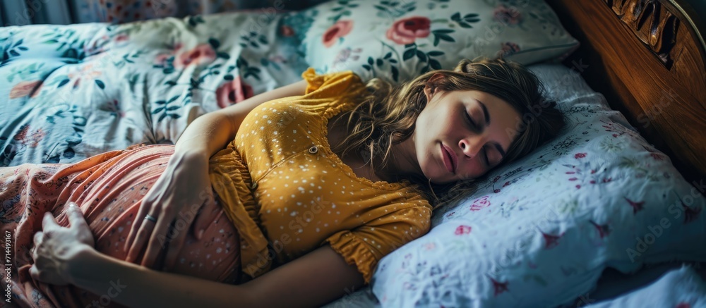 Obraz premium Pregnant woman sleeping in bed, resting during pregnancy.