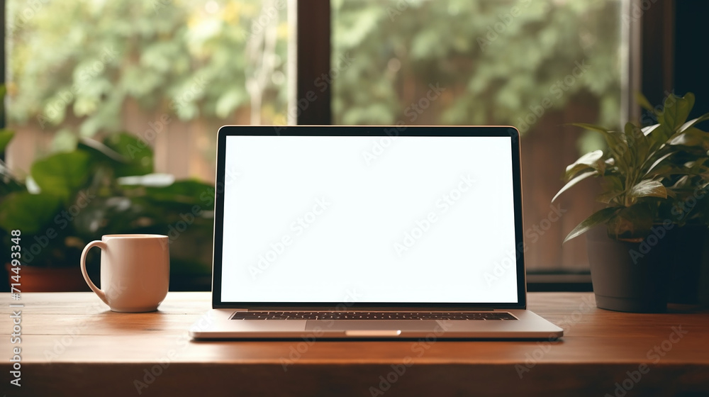 workspace background with laptop blank screen on table on wooden table workspace background with laptop blank screen on table on wooden table