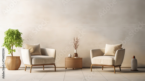 Armchair with pillow, glowing lamp, plant in pot, ottoman and round carpet on floor on gray wall background in living room. Ad blog about real estate and modern interiors, simple scandinavian design photo