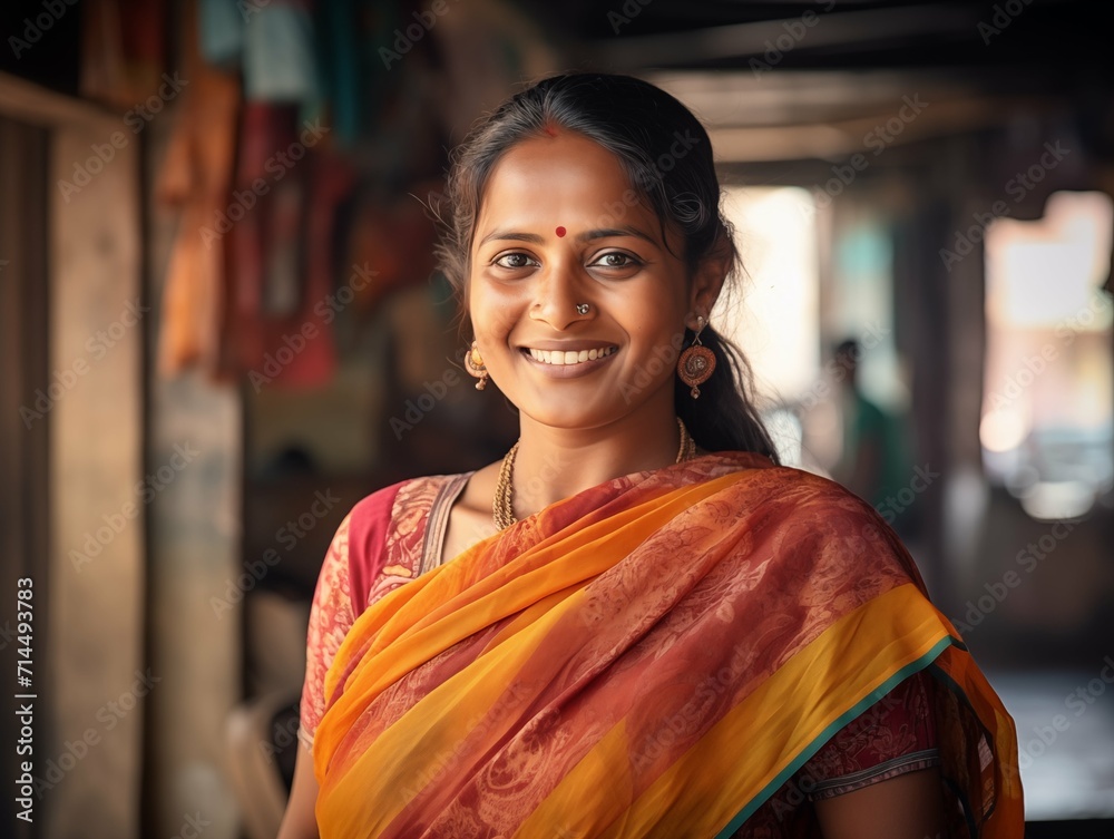 Beautiful indian woman in saree smiling at camera at home