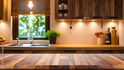 Wooden desk of blurred kitchen background. and free space for decoration.
