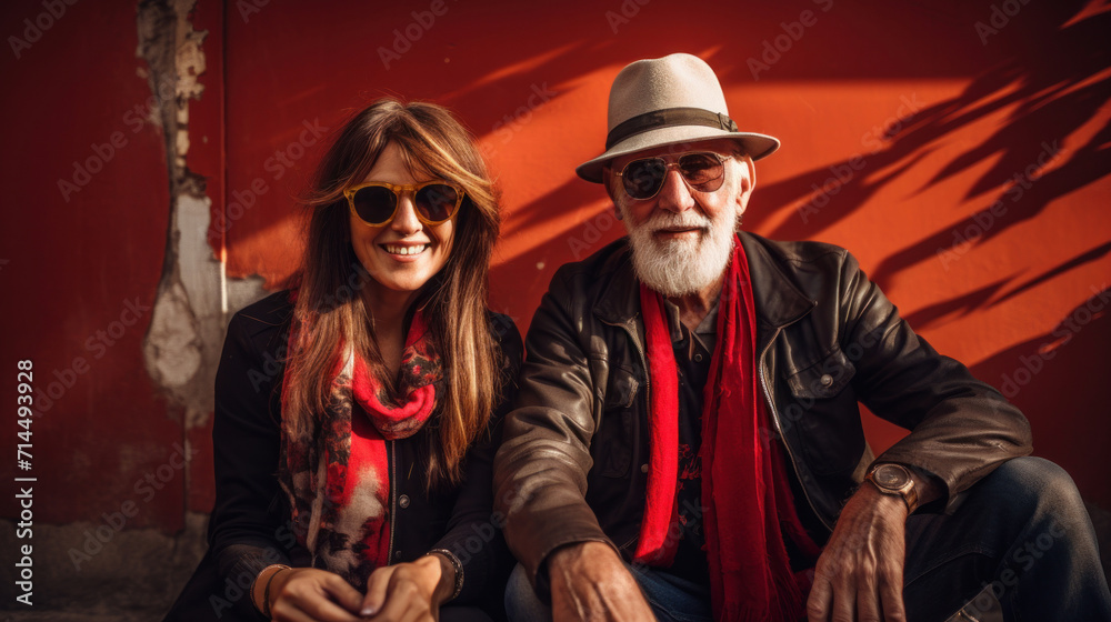 A cool and stylish man and woman wearing sunglasses and scarves, posing confidently in front of a red wall, embodying urban chic.