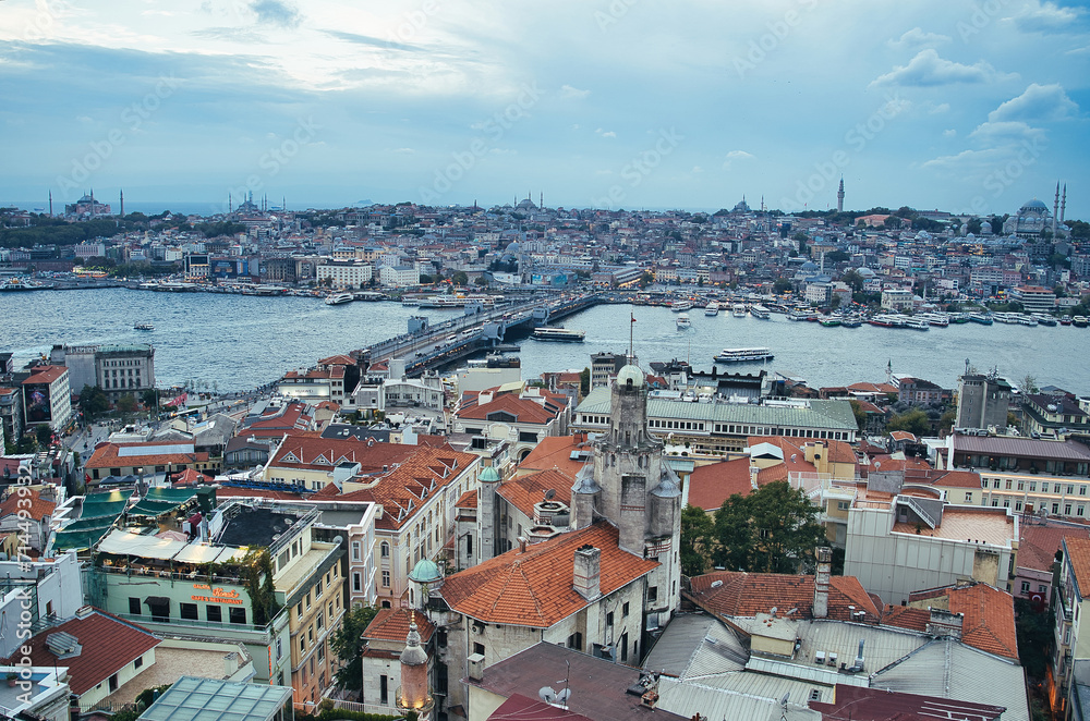 Magnificent view of the panoramic Istanbul city skyline with historic Hagia Sophia, Blue Mosque and Suleymaniye mosque from the top of Galata bridge, Istanbul, Turkey