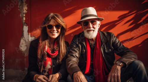 A cool and stylish man and woman wearing sunglasses and scarves, posing confidently in front of a red wall, embodying urban chic. © red_orange_stock