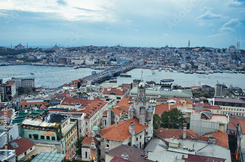 Magnificent view of the panoramic Istanbul city skyline with historic Hagia Sophia, Blue Mosque and Suleymaniye mosque from the top of Galata bridge, Istanbul, Turkey