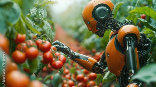 robot artificial intelligence farmer. gardening fruits and vegetables are grown in the expansive garden. photo