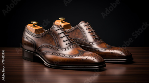 Polished brown leather dress shoes with intricate detailing displayed on a wooden surface.