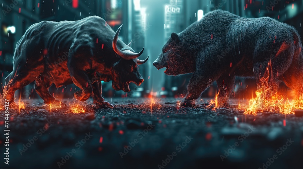 Bull vs bear chart concept. Financial and business abstract background with candle stock graph chart. traders' concept. - obrazy, fototapety, plakaty 