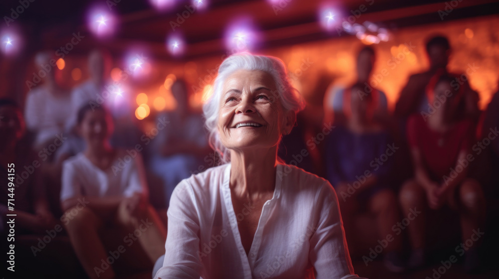 Fototapeta premium Elderly woman with a radiant smile experiencing a live theater show, surrounded by blurred audience.