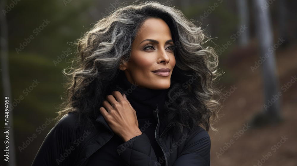 Portrait of a beautiful mature woman with elegant grey hair outdoors, radiating confidence and style. Portrait of a beautiful mature woman with elegant grey hair outdoors, radiating confidence and style.