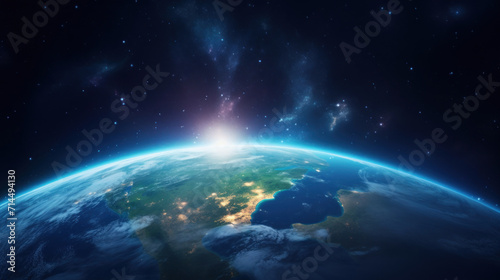 A breathtaking view of Earth from space  capturing the sunrise over the horizon against the backdrop of a starry sky.