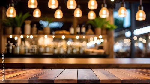 Wooden desk of blurred restaurant background. and free space for decoration.