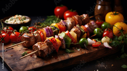 Succulent grilled meat and vegetable kebabs served on a wooden board, perfect for a savory meal.