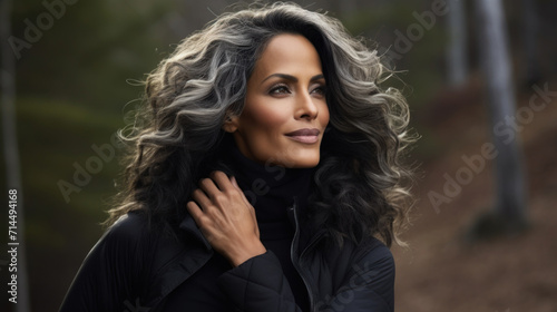 Portrait of a beautiful mature woman with elegant grey hair outdoors, radiating confidence and style.