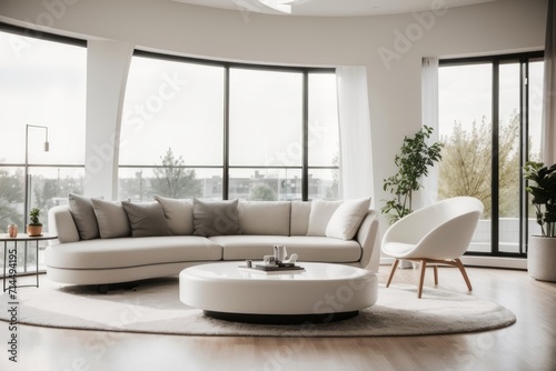 Japandi Interior home design of modern living room with white curved sofa and large window with home decoration © Basileus