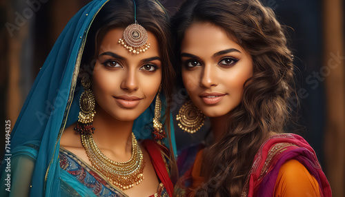 Native American women in traditional saris and jewelry , happy holi indian concept