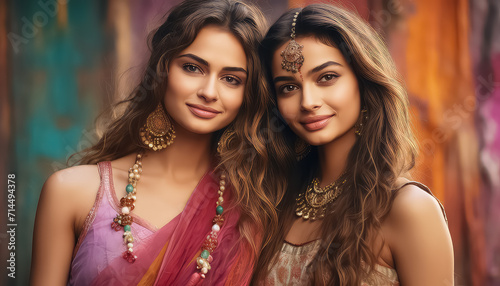 Native American women in traditional saris and jewelry , happy holi indian concept
