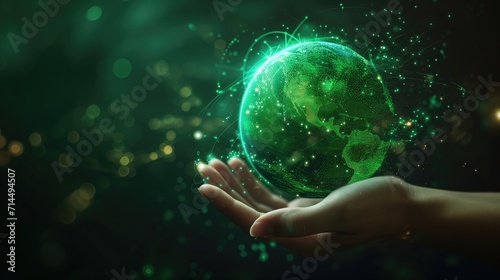 Hand touching Green Earth environmentally sustainable and data light particles, data flow and processing visualization backgrounds.