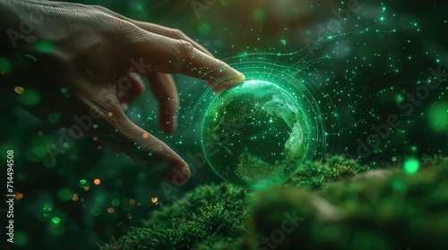 Hand touching Green Earth environmentally sustainable and data light particles, data flow and processing visualization backgrounds. photo