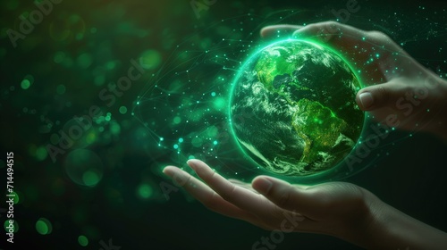 Hand touching Green Earth environmentally sustainable and data light particles, data flow and processing visualization backgrounds.