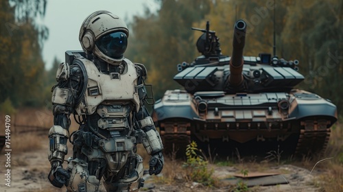Military robot dressed as a soldier Standing next to the tank. futurist. full body image.