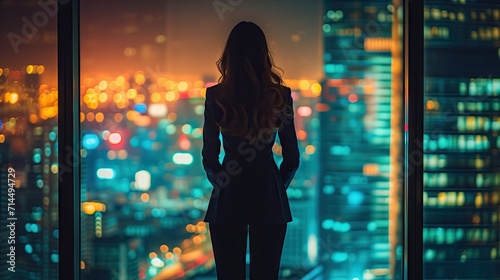 Night Office. Powerful Businesswoman Wearing Stylish Suit Standing and Looking out of the Window on a Big City. © PT