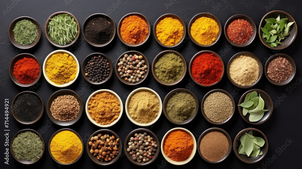 A diverse collection of colorful spices and herbs neatly presented in small bowls, viewed from above, showcasing culinary variety. A diverse collection of colorful spices and herbs neatly presented in small bowls, viewed from above, showcasing culinary variety.