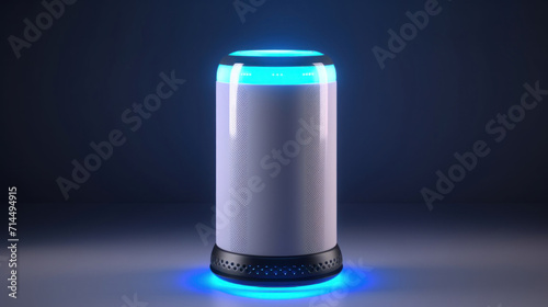 A futuristic smart speaker with a glowing blue interface stands out against a dark background, symbolizing modern technology at home.