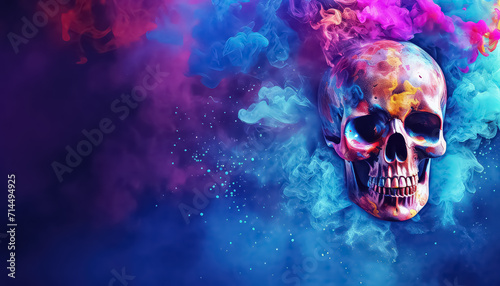 Skull on the background of dust  paints  smoke   happy holi indian concept