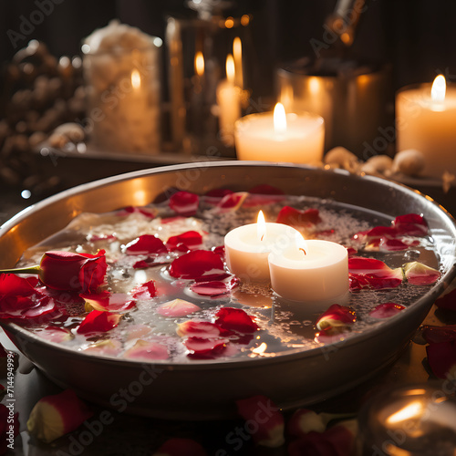 floating candles and roses. Beauty spa treatment
