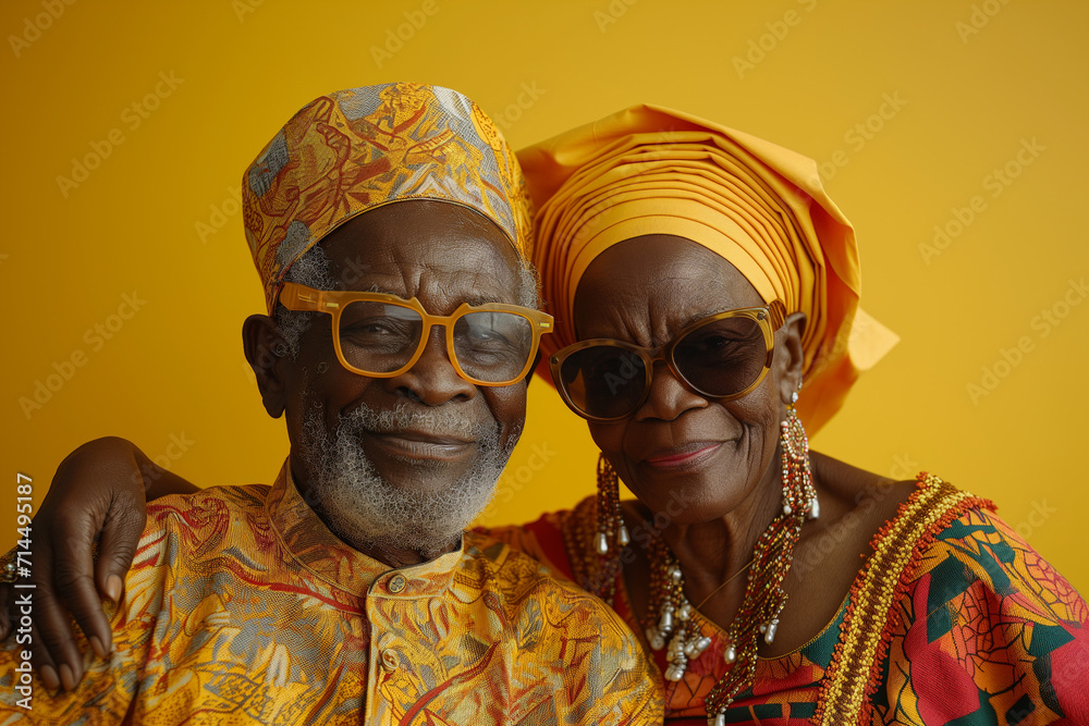 Elderly couple in traditional African attire celebrating love and heritage, suitable for Black History Month or Valentine's Day.