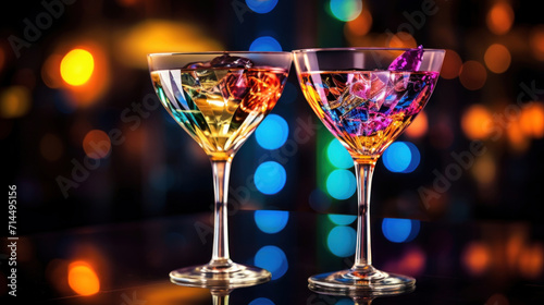 Two martini glasses filled with colorful liquids and ice, reflecting ambient bokeh lights for a sophisticated and celebratory mood.