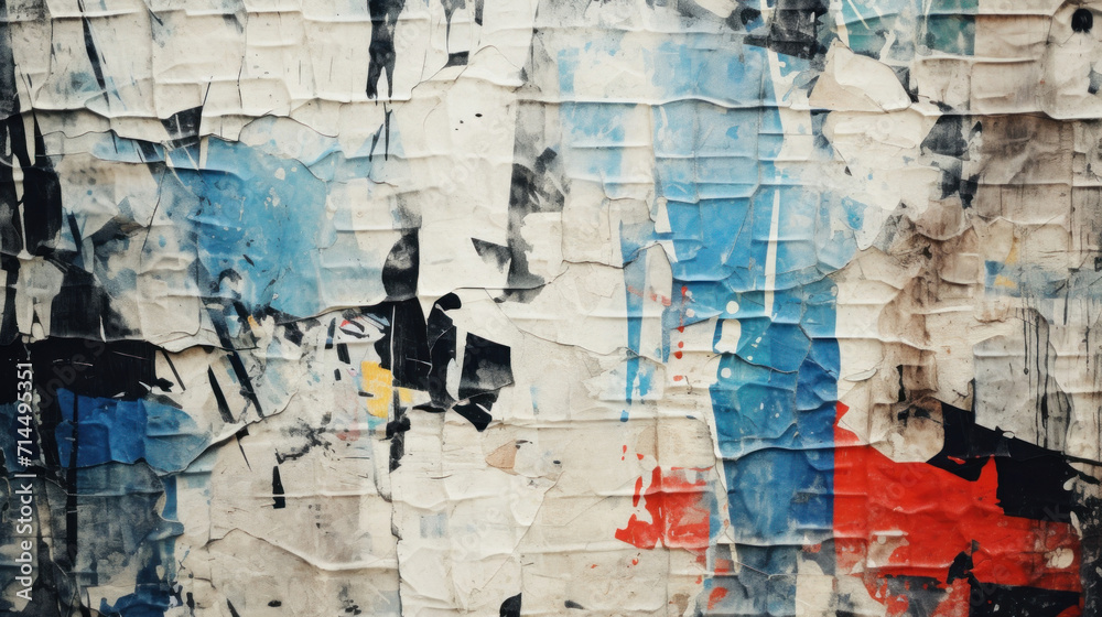 Naklejka premium A textured urban wall is layered with torn street posters in various colors, creating an abstract artistic backdrop.