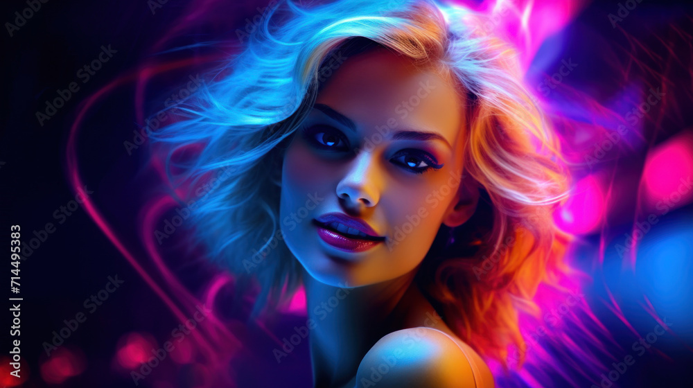 An alluring woman with a captivating smile is bathed in dynamic neon lighting, adding a sense of glamour and vivid energy to the scene. An alluring woman with a captivating smile is bathed in dynamic neon lighting, adding a sense of glamour and vivid energy to the scene.
