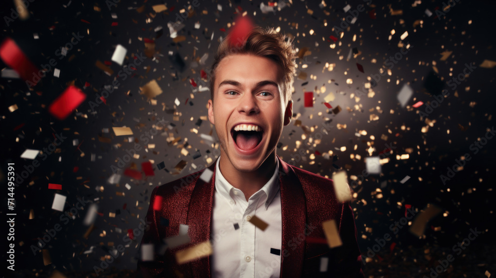 An exuberant young man in a red jacket, his face expressing sheer joy amidst a shower of golden confetti.