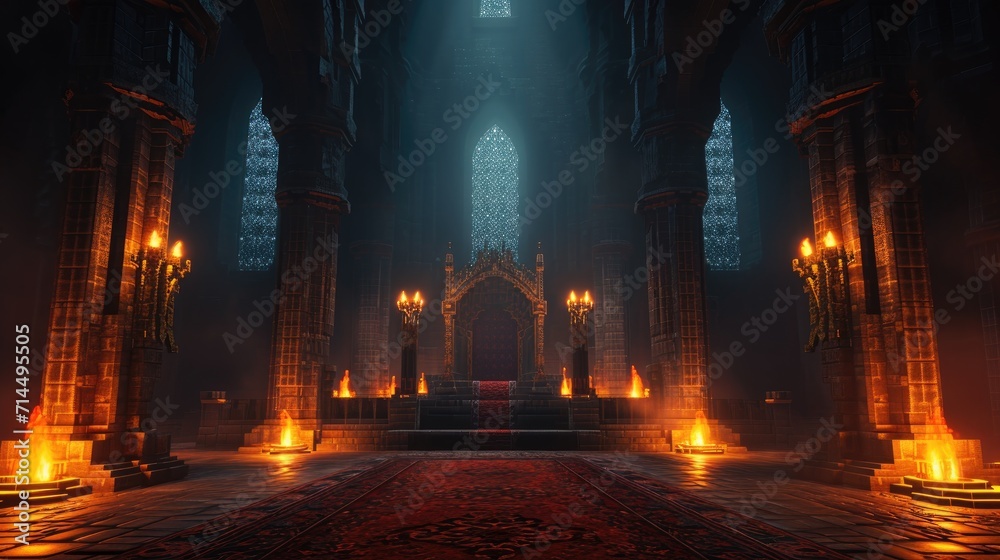A grand, gothic cathedral interior illuminated by torches and a large stained glass window, dark fantasy setting A grand, gothic cathedral interior illuminated by torches and a large stained glass window, dark fantasy setting