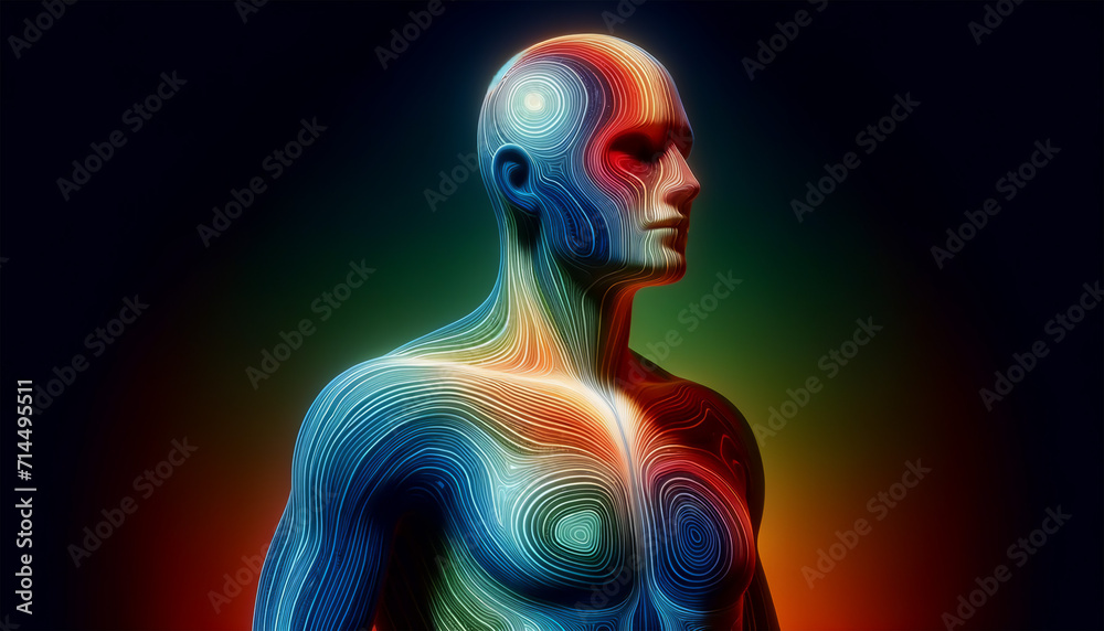 An artistic visualization of the human body's energy and wellness zones, depicted through a heat map. The image shows a human silhouette with zones hi PS.png - obrazy, fototapety, plakaty 