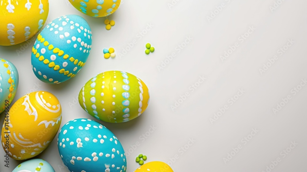 A vibrant array of hand-painted Easter eggs, blue, yellow, and pink, white background. Top view, space for text A vibrant array of hand-painted Easter eggs, blue, yellow, and pink, white background. Top view, space for text
