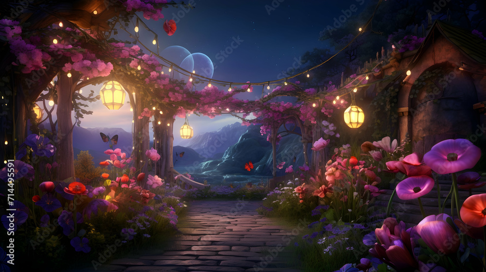 Magical fairy fantasy wood, large trees, flowers and mushrooms, late at night