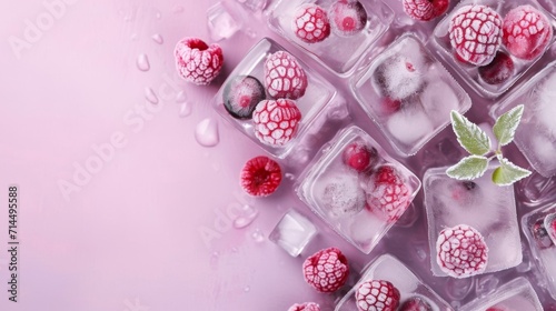 Frozen raspberries in ice cubes on a pastel pink background.