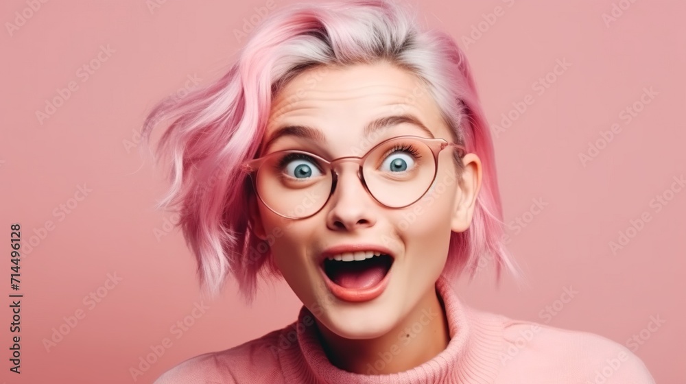 Surprised young woman with pink hair and glasses on pink background