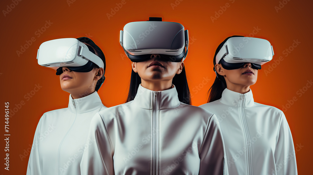 Three Women Standing Side by Side Wearing Virtual Reality Headsets Against a Blue Background Three Women Standing Side by Side Wearing Virtual Reality Headsets Against a Blue Background