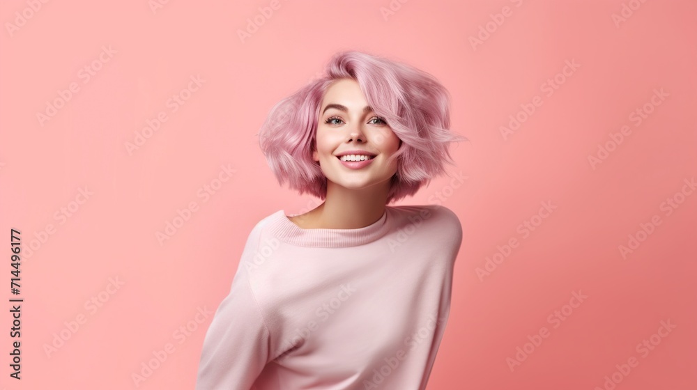 Young woman with pink hair on pink background. Beauty, fashion.