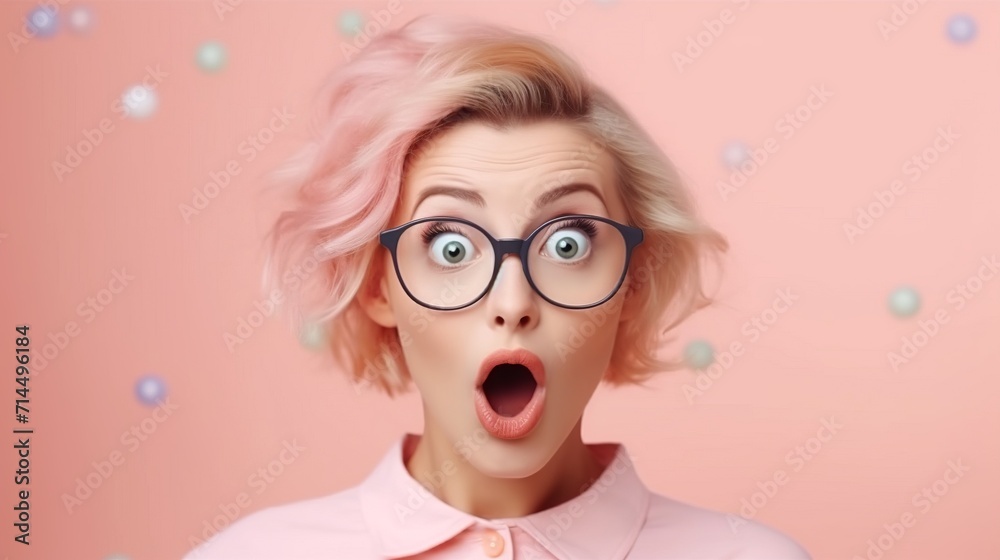 Surprised young woman with pink hair and glasses on pink background Surprised young woman with pink hair and glasses on pink background