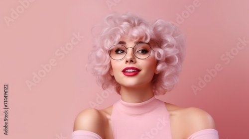Portrait of a beautiful woman with pink hair and glasses on a pink background